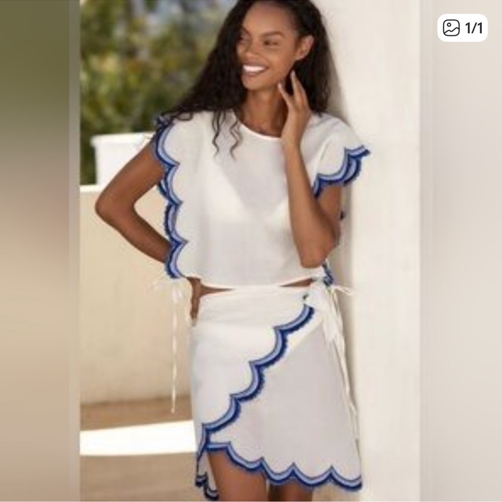 Anthropologie White Mini Wrap Skirt with Blue Scallop Trim one size